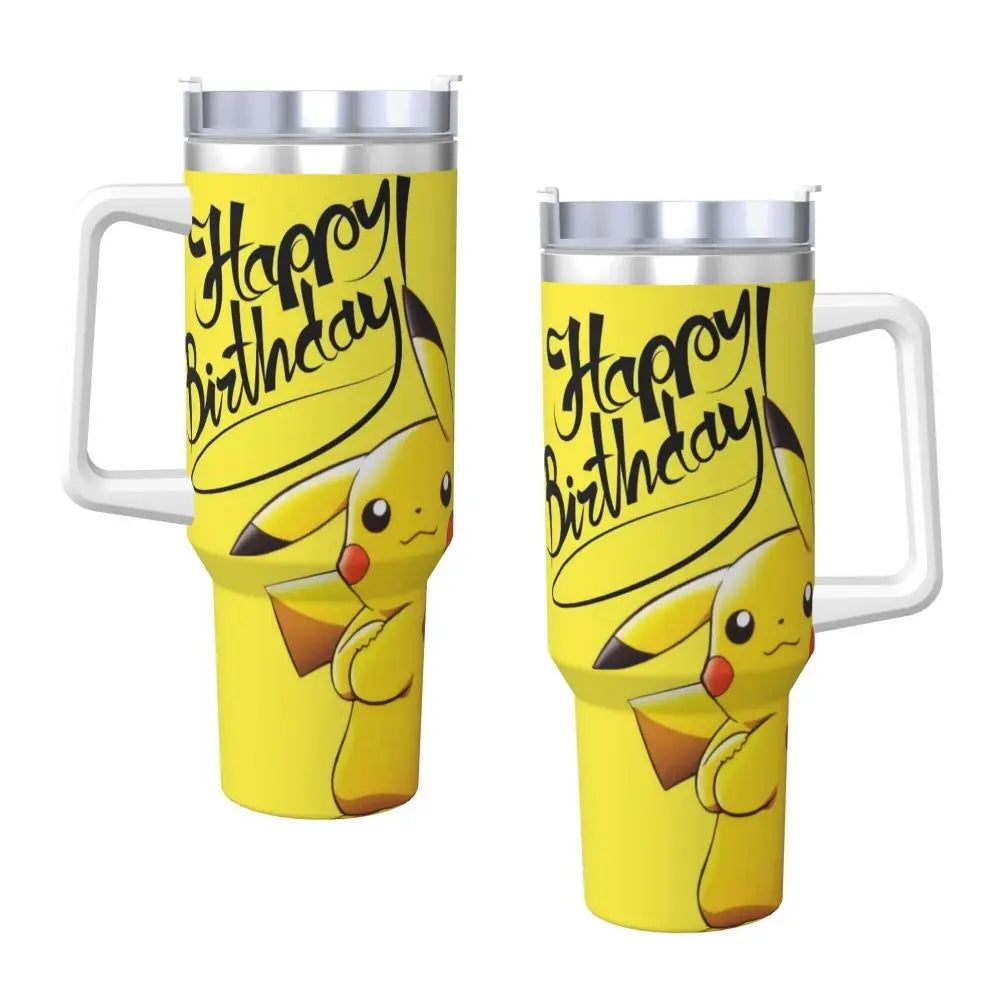 Stainless Steel Tumbler Pikachu Happy Birthday Thermal Mug Insulated Cold Drink Mugs Cup Beach Design Water Bottle