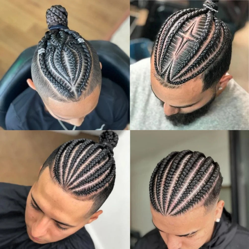 Glueless European Virgin Hair Toupee #1B Black - 8x10 Full Lace System w/Afro Corn Braids for Men