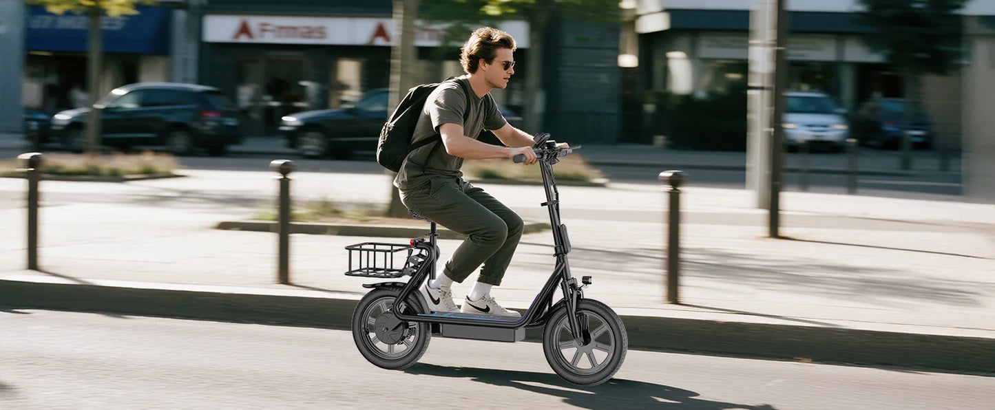 PORORO 14inch Electric Bicycle 10.5AH Battery 28Miles Max Range 22MPH Max Speed Shock Absorption Foldable E Scooter with Seat