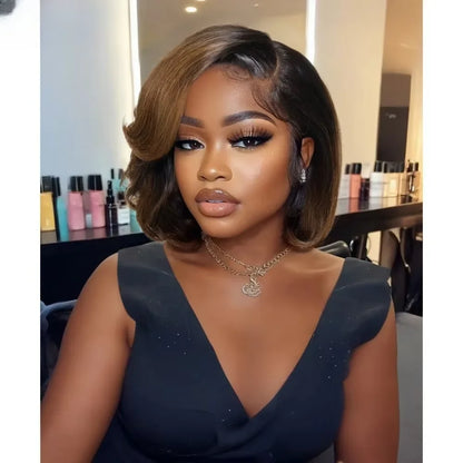 Glueless Bob Soft Preplucked Ombre Brown Lace Front Wig For Women 14Inch 180Density Straight Synthetic With Baby Hair Daily
