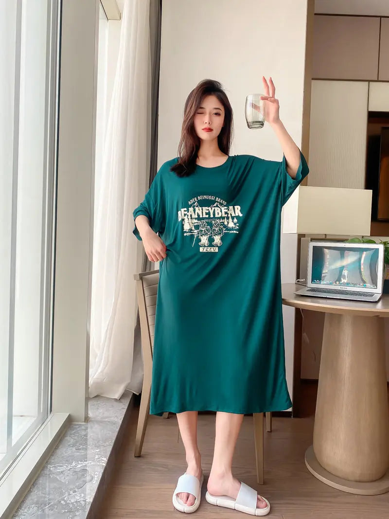 New Casual Sleepwear Woman Night Dress Lounge Home Wear Clothes Printed Short Sleeve Female Nightgowns Cotton Loose Nightshirt