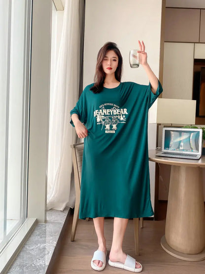 New Casual Sleepwear Woman Night Dress Lounge Home Wear Clothes Printed Short Sleeve Female Nightgowns Cotton Loose Nightshirt