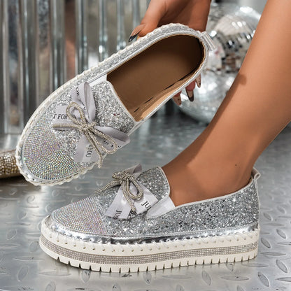 Women Sneakers 2025 New Luxury Crystals Bowknot Loafers Sequined Flat Platform Shoes Couple Fashion Plus Size Sneakers Women