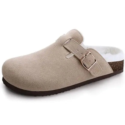 Crestar Women's Suede Clogs Lady Fashion Buckle Leather Mules Comfort Cork Footbed Potato Shoes with Arch Support Beach Sandal