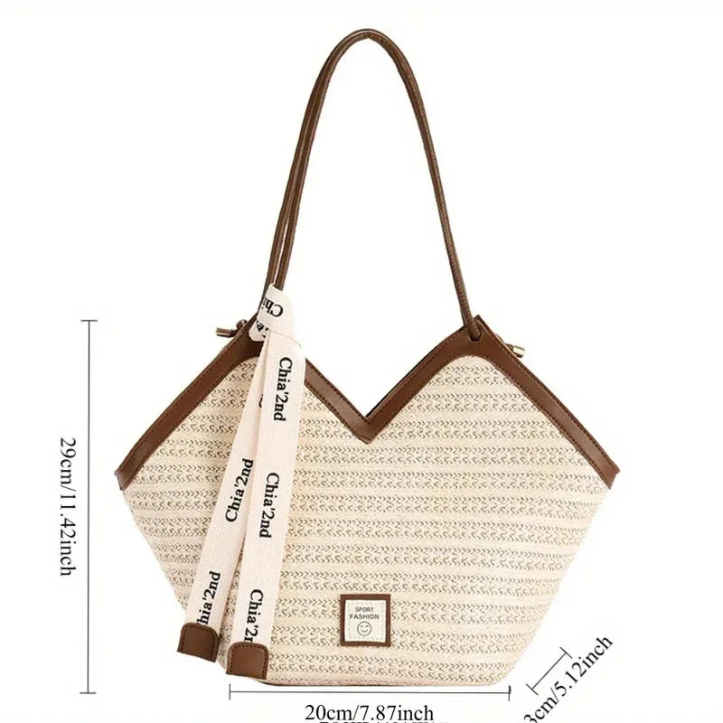 Chic Straw Woven Beach Tote Bag for Women Lightweight Woven Handbag Shoulder Bag Perfect for Summer Vacations, Pool Days, Travel