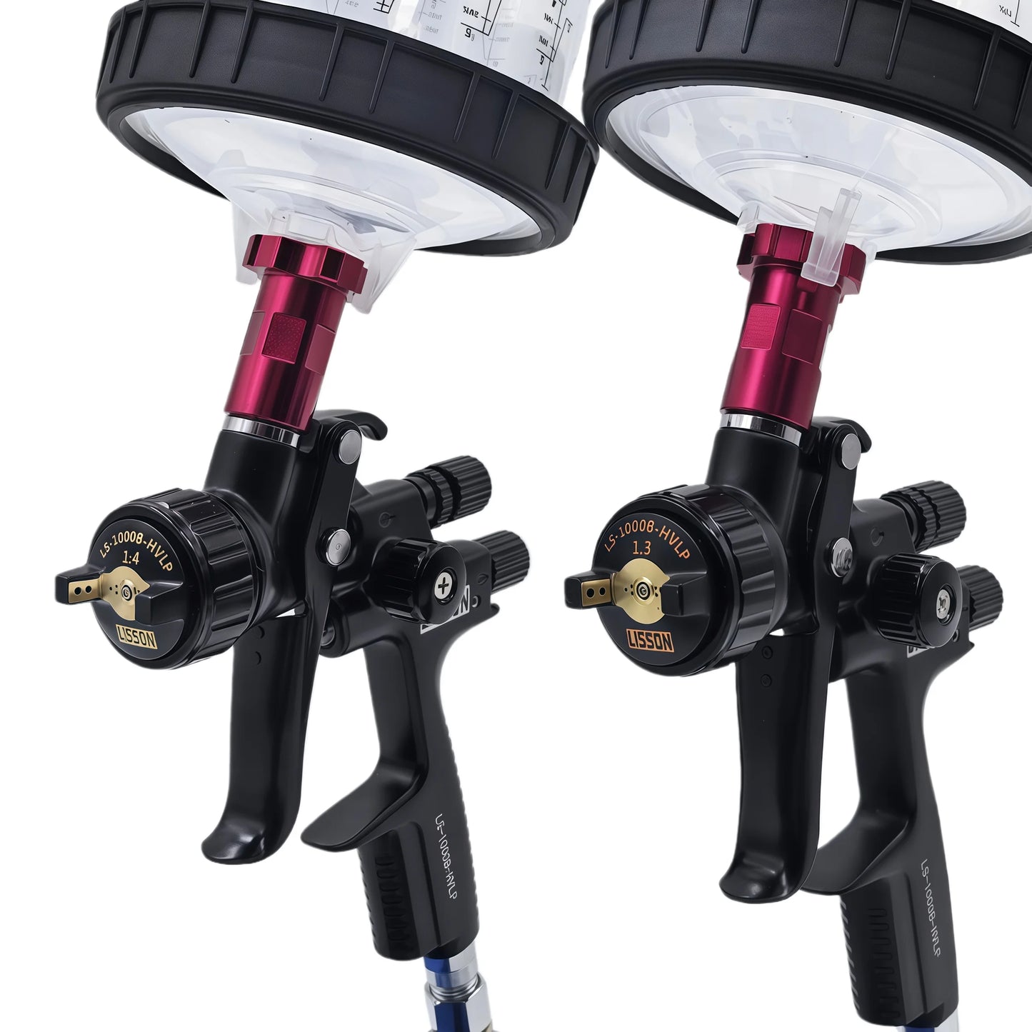 2PCS Black Spray Guns with Transparent Cups 1.3mm Basecoat 1.4mm Clearcoat HVLP for Auto Painting Aluminum Body