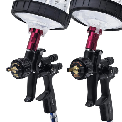 2PCS Black Spray Guns with Transparent Cups 1.3mm Basecoat 1.4mm Clearcoat HVLP for Auto Painting Aluminum Body