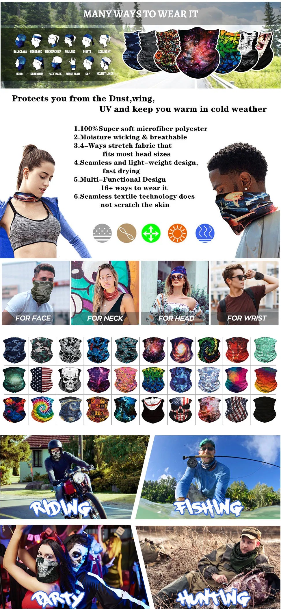 63-93 Vendetta Punisher Face Cover Tube Bandana Joker Men Motorcycling Riding Neck Gaiter Women Headband Mask Holloween Headwrap