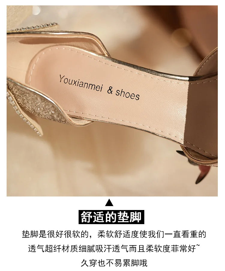 Shiny Glitter Bow Pearl Chain High Heels Wedding Banquet Dress Wedding Shoes Women's Shoes