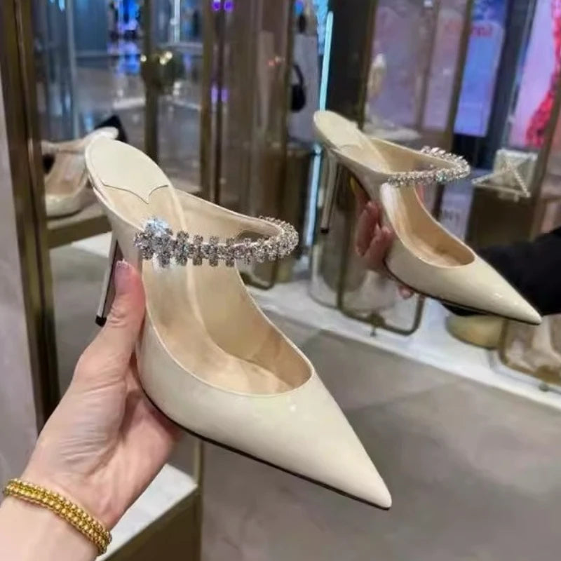 2025 New Fashionable Fine Heeled Muller Shoes with Pointed Water Diamond Chain Banquet Shallow Mouth Women's High Heel Sandals
