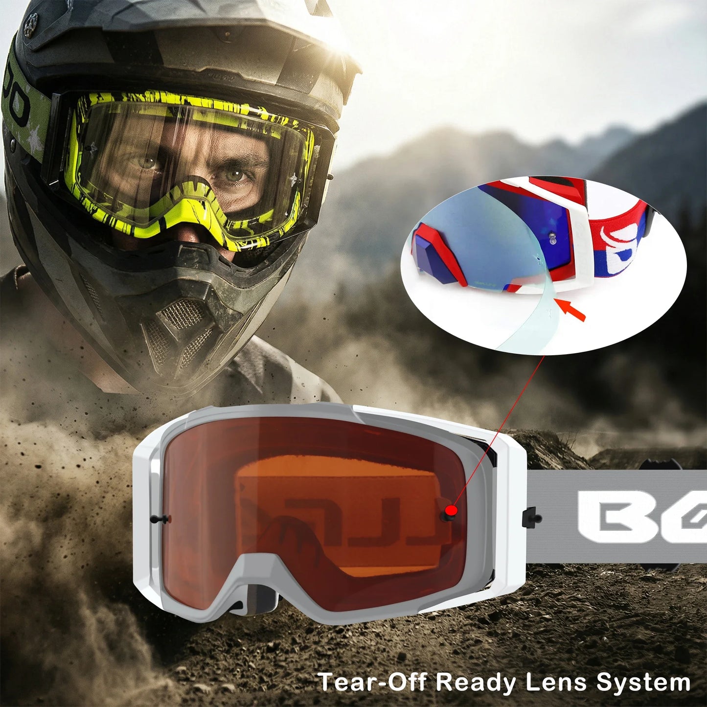 Dirt Bike Goggles with Tear-Off Quick-Release Ready Lens UV400 Motocross Glasses TPU Dual-Cycle Defogging Motorcycle Eyewear