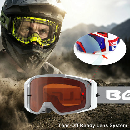 Dirt Bike Goggles with Tear-Off Quick-Release Ready Lens UV400 Motocross Glasses TPU Dual-Cycle Defogging Motorcycle Eyewear