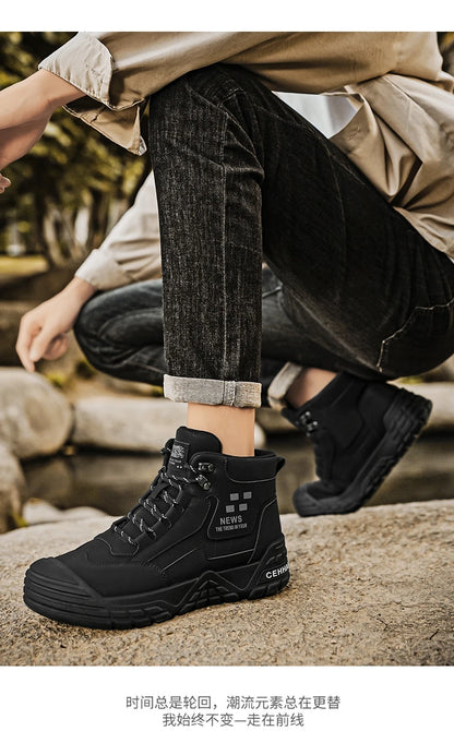 Original Black Leather Ankle Boots For Men Outdoor Non-slip Work Boots Men's Motorcycle Boots Platform High Top Bikers Shoes Man