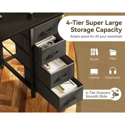 Compact 40 Computer Desk with Fabric Drawers, Ideal for Small Spaces, Home Office & Study with Storage Shelves, Black