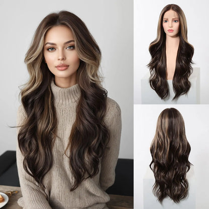 EASIHAIR Long Wavy HD Lace Front Synthetic Wigs for Women Natural Wave Blonde Wigs With Dark Roots 13*6 Lace Wigs Heat Resistant