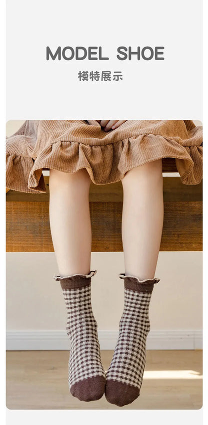 Auutumn Winter Girls Socks Retro Maillard Color Ruffle Socks Children's Calf Socks Cotton Socks  5 Pairs