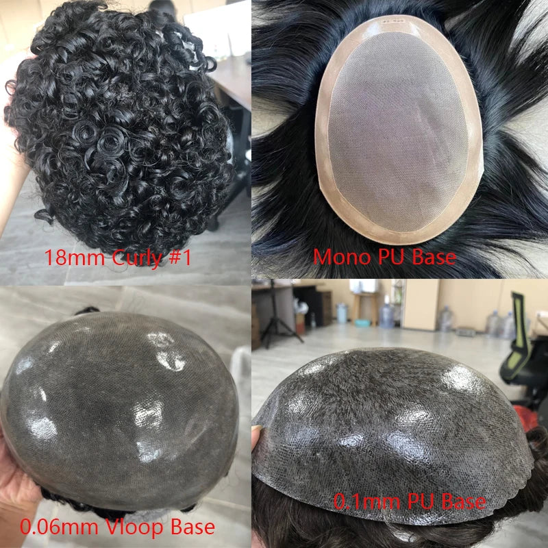 Undetectable Afo Man Jet Black 18mm Curly Micro Skin Base Men Toupee Natural Hairline Man's Curly Human Hair Prosthesis System