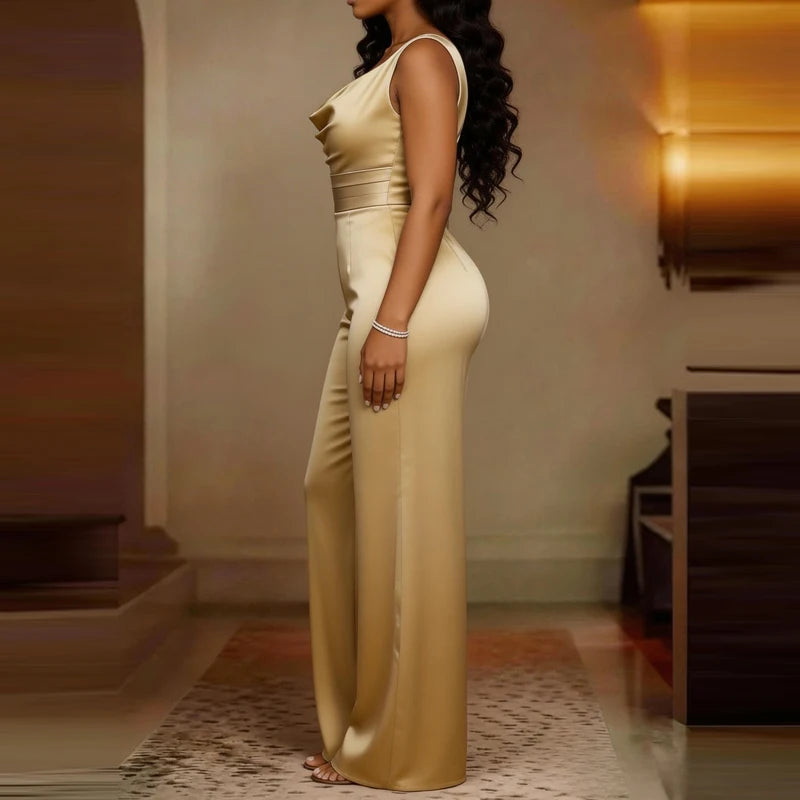 Sexy Swing Collar Waisted Solid Satin Jumpsuit Fashion Commute Wide Leg Pants Romper Women Casual Sleeveless Pleat Long Playsuit