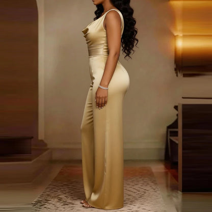 Sexy Swing Collar Waisted Solid Satin Jumpsuit Fashion Commute Wide Leg Pants Romper Women Casual Sleeveless Pleat Long Playsuit