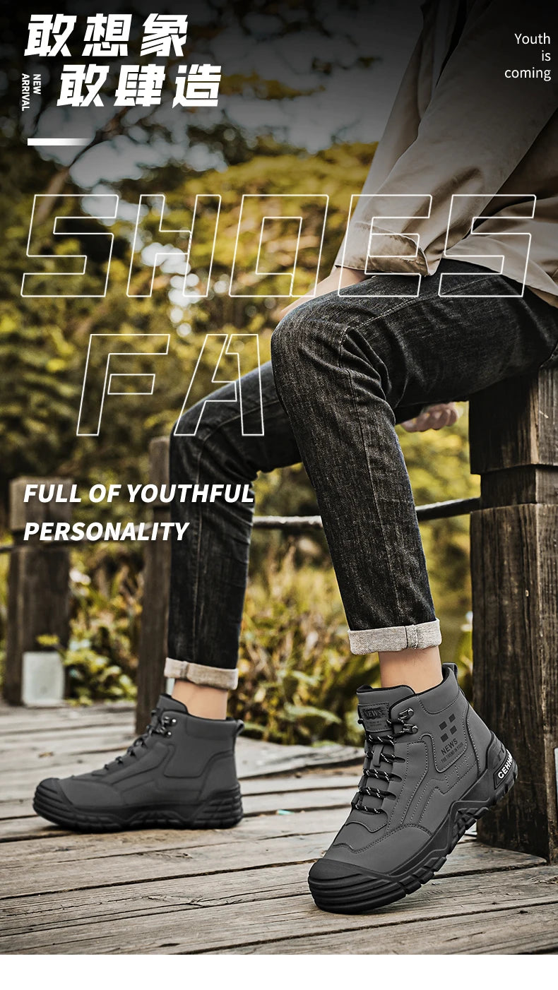 Original Black Leather Ankle Boots For Men Outdoor Non-slip Work Boots Men's Motorcycle Boots Platform High Top Bikers Shoes Man