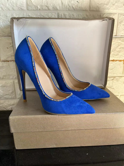 New Style Fashion Women Pumps Blues Suede Rhinestone Shallow Mouth High Heels Single Shoes Pointy Toe Stiletto Party Lady Shoes
