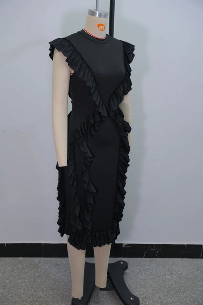 Elegant Women Summer Ruffles Dress Sleeveless Bodycon Round Neck Casual Vintage Slim Evening Party Club Midi Dresses