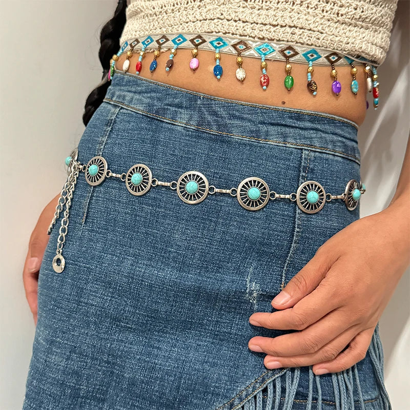 Fashion Silver Bohemian female circular waist chain luxury blue gemstone Ellipse chain belts for women suitable for Skirts dress