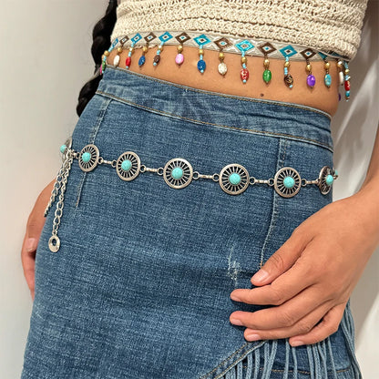 Fashion Silver Bohemian female circular waist chain luxury blue gemstone Ellipse chain belts for women suitable for Skirts dress