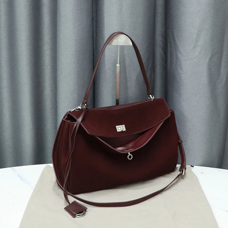 25 New Soft Suede Tote Bag Large Capacity Frosted Cowhide Lock Bag Women's Crossbody Shoulder Bag