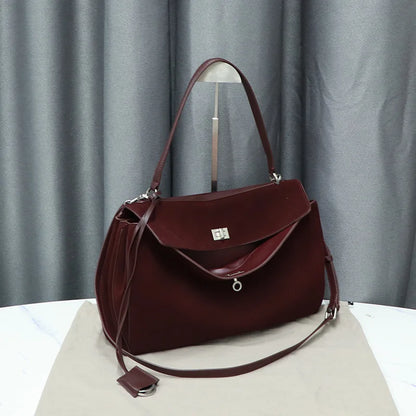 25 New Soft Suede Tote Bag Large Capacity Frosted Cowhide Lock Bag Women's Crossbody Shoulder Bag