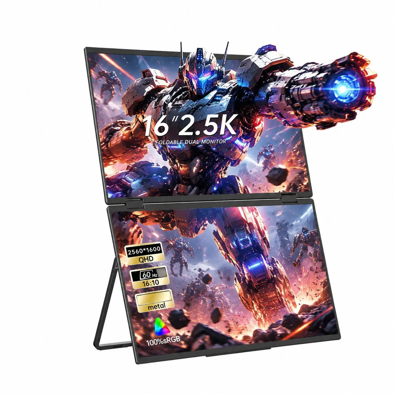 Sibolan 16 inch 2.5K Dual Screen Portable Monitor 60Hz 100% sRGB HDMI USB-C Plug Metal Body Laptop Display Extender For Wins Mac