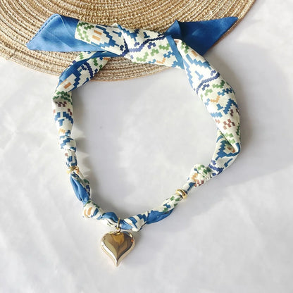 Women’s Fashion Scarf Necklace with Large Stainless Steel Heart Pendant Stackable Bandana Jewelry