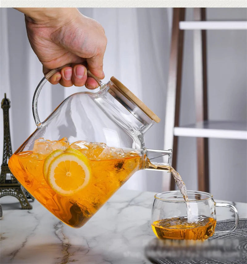 1/1.8L Transparent Glass Teapot with Bamboo Lid Heat-Resistant Glass Pitcher Thickened Glass Flower Tea pot Puer Kettle Office