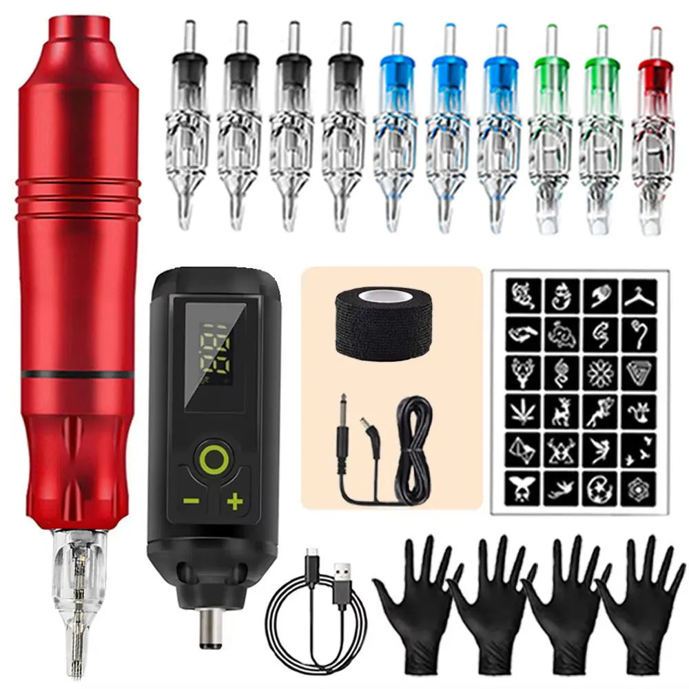 Tattoo Kit Rotary Wireless Tattoo Machine Pen with Tattoo Cartridge Needles Accessories Set Tattoo Design Draw Kit