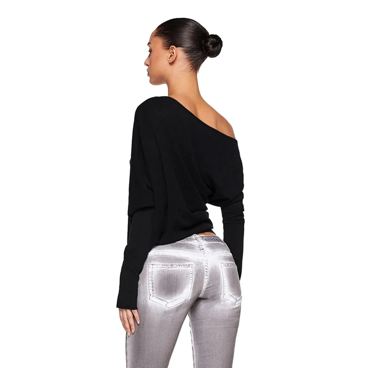 Sexy Elegant Long Sleeves Top Irregular One Shoulder Women Tops T Shirt Birthday Party Club Date Casual Office Clothes