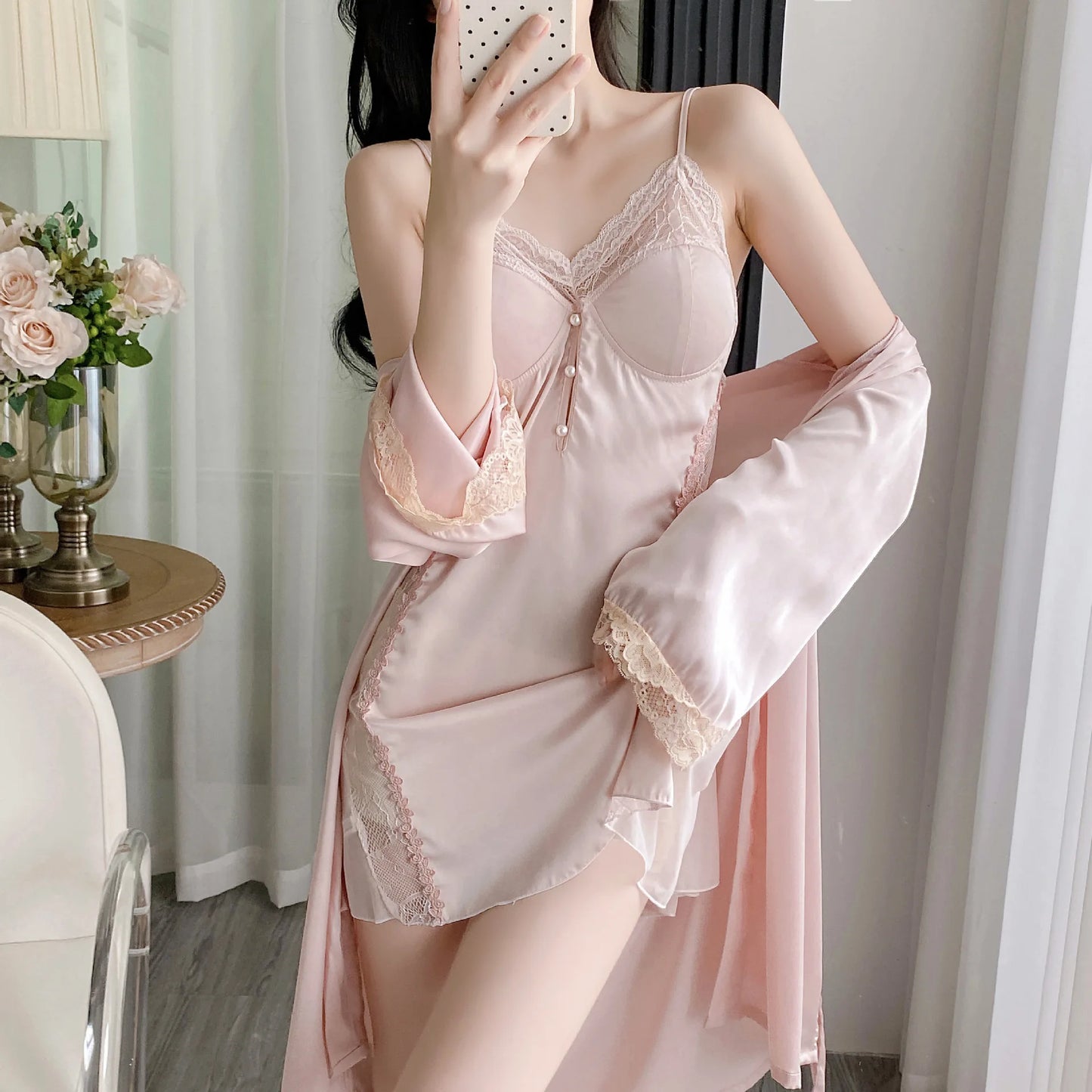 Female Nighty&Robe Set Lingerie Sexy Lace Trim Nightgown Sleepwear Spring Summer Kimono Gown Bathrobe Loose Homewear Pajama