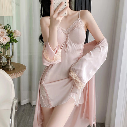 Female Nighty&Robe Set Lingerie Sexy Lace Trim Nightgown Sleepwear Spring Summer Kimono Gown Bathrobe Loose Homewear Pajama