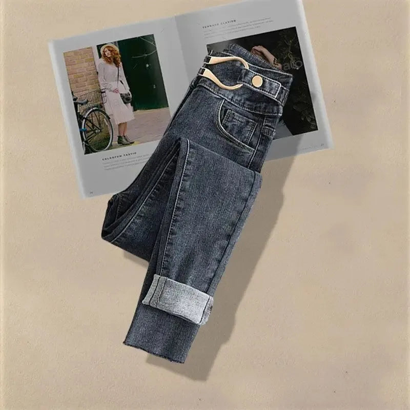 2026 Spring Autumn New Vintage Jeans Matching Set Women's Korean Elegant Fake Two Piece Knit Sweater+High Waist Denim Pants Suit