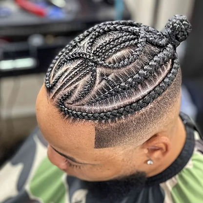 Glueless European Virgin Hair Toupee #1B Black - 8x10 Full Lace System w/Afro Corn Braids for Men