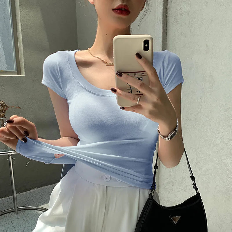 Cotton short sleeved women's T-shirt for summer, slim fit and slimming, versatile waist design, front shoulder, U-neck