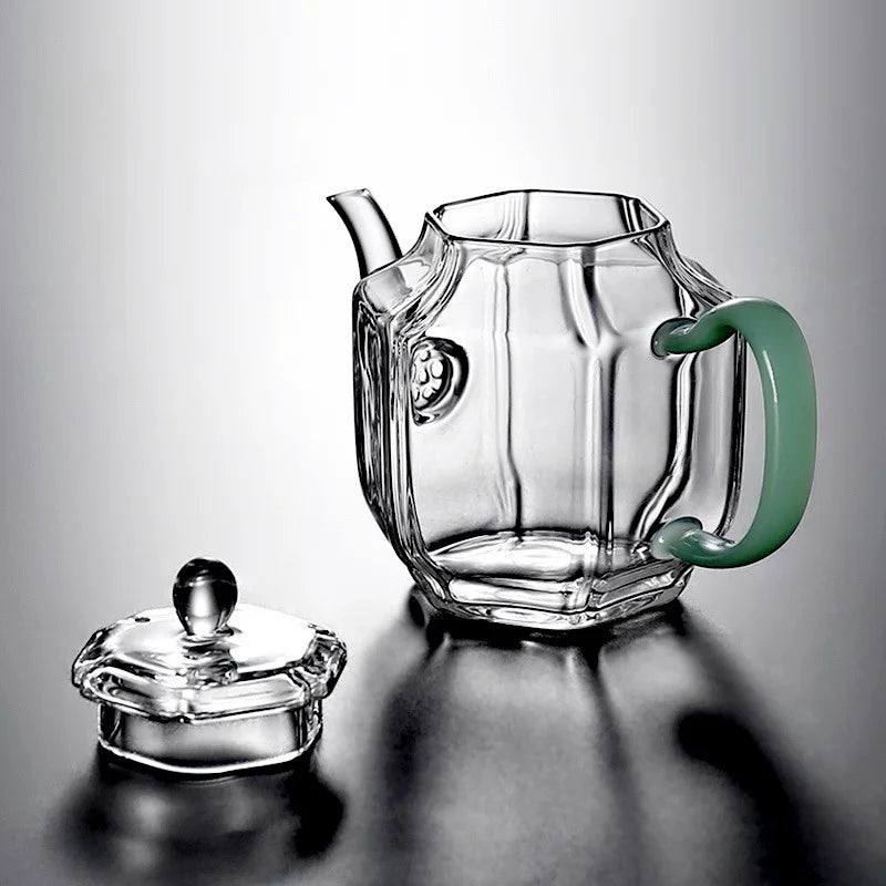 Hexagonal Imitation Jade Handle Glass Teapot Heat Resistant Small Capacity 210ml Boiling Flower Green Tea Pot Kung Fu Tea Set
