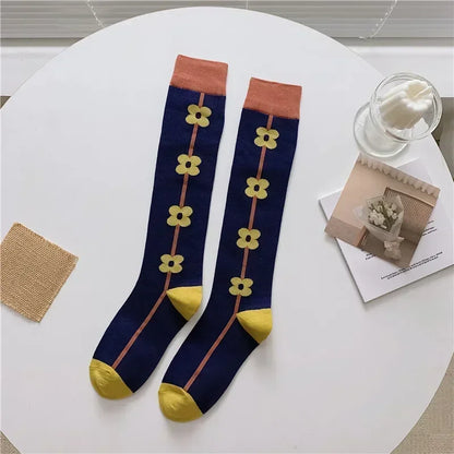 Socks Women's High Tube Calf Knee-length Socks Retro Illustration Art Abstract Street Autumn and Winter Cotton Socks High Sock