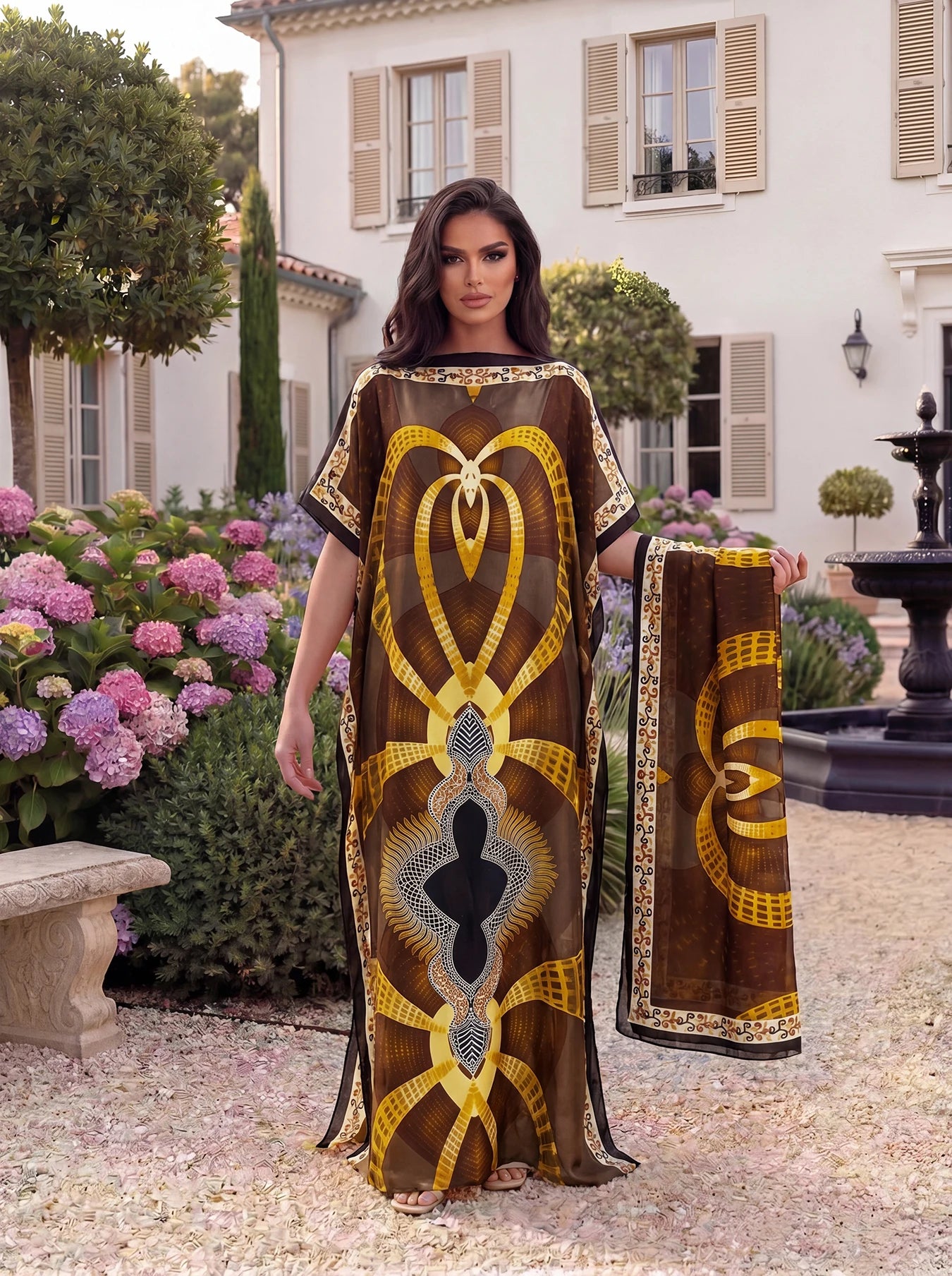 Boho Geometric Print Satin Abaya Scarf Set, Loose Batwing Maxi Kaftan For Muslim Women Summer Daily Holiday Wear