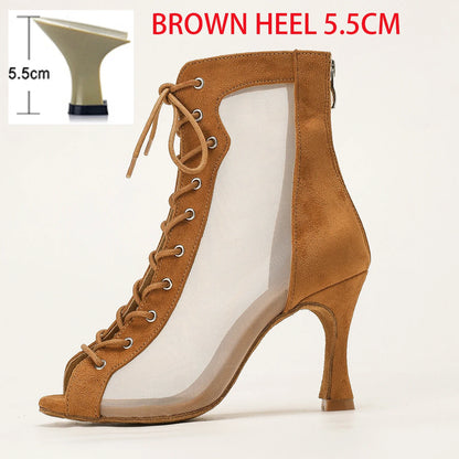 Profession Latin Dance Shoes Woman Suede Mesh Ventilation Ballroom Salsa Boots for Girls Soft Bottom Practice Jazz Latin Boots