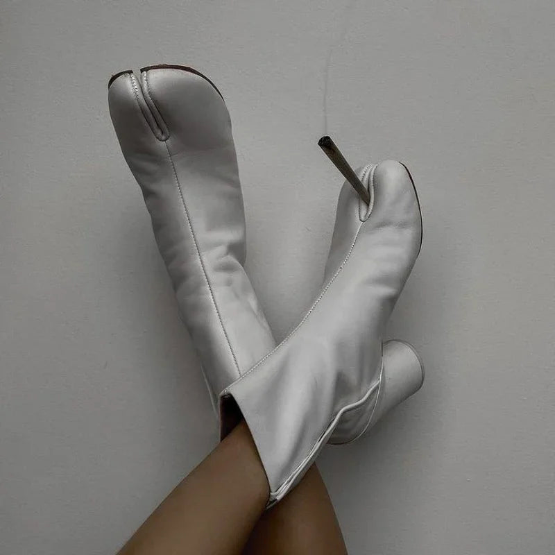 Luxury Brand Designer Tabi Split-toe Ankle Boots Women Genuine Leather Chunky Round Heel Short Boots 2024 Autumn Winter Shoes