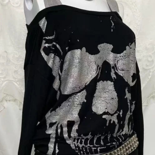 Y2k Fake Two Pieces Vintage Tops Streetwear Slash Neck Skull Print Off Shoulder Gothic Punk Tshirts Women Grunge Harajuku Tees