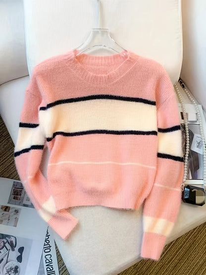 2026 New Winter Color Block Crew Neck Pullover Sweater,Crop Top Casual Long Sleeve Drop Shoulder Sweater Women's Clothing