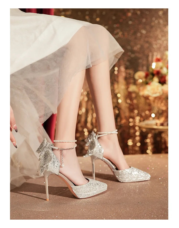 Shiny Glitter Bow Pearl Chain High Heels Wedding Banquet Dress Wedding Shoes Women's Shoes