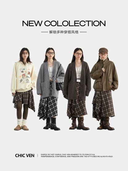 CHIC VEN Women Skirts A Line Retro Loose High Waist Irregular Color Plaid Frosted Half Body Long Ladies Skirt Autumn Winter 2026