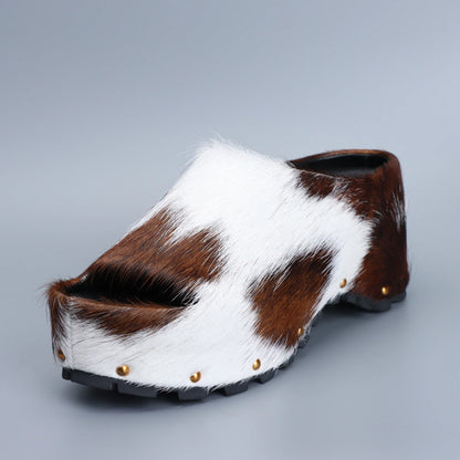 2025 Women Designer Luxury Platform Mules Real Calf Hair Leather Lined Slip On Clogs Slides Sandals Summer Fashion Comfort Shoes